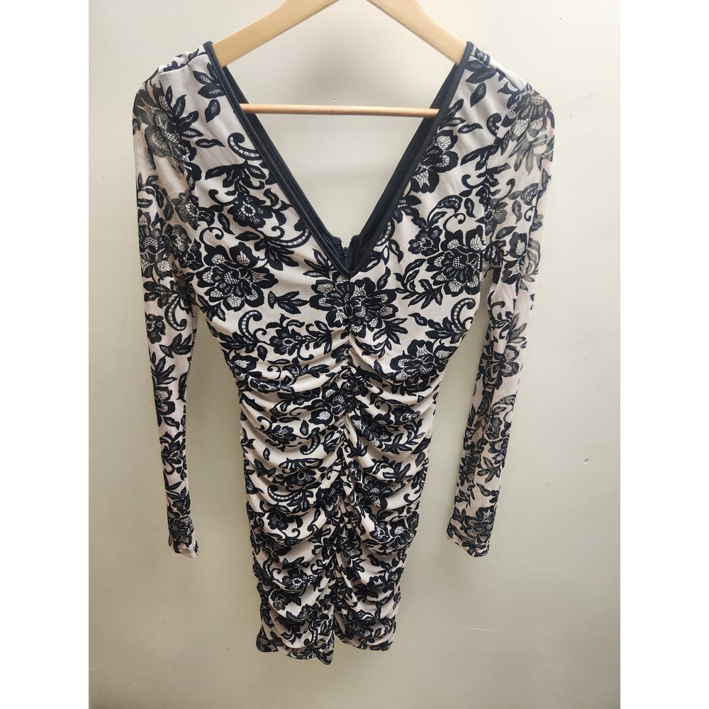 GUESS Ruched Floral Mesh Long Sleeve V Neck Bodycon Mini‎ Dress Size S